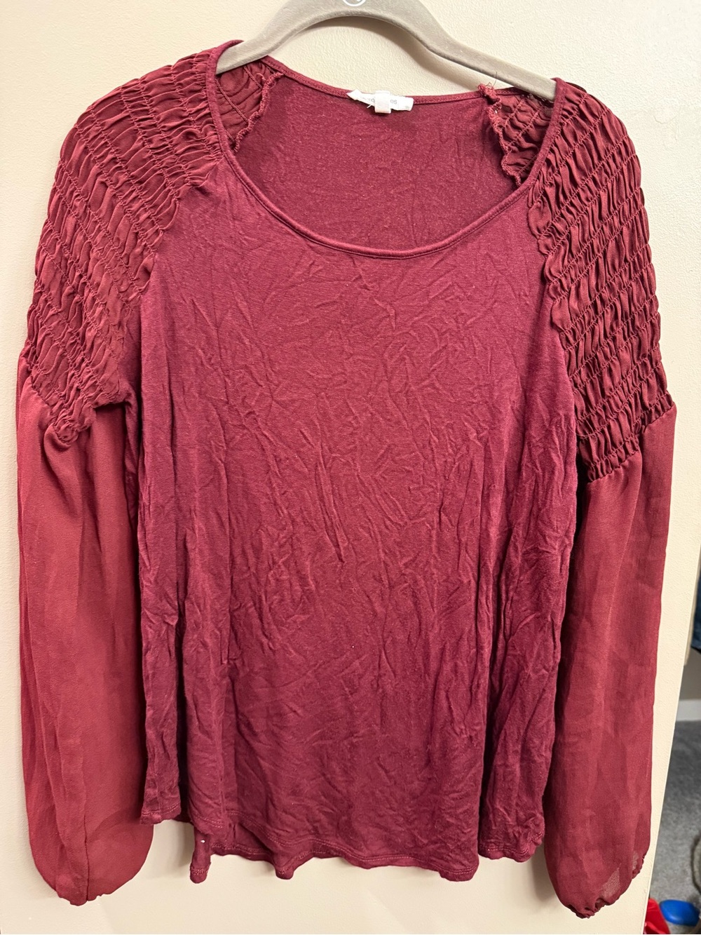 Maurices Burgundy Smocked-Shoulder Long Sleeve Top